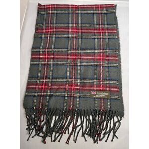 Vintage Gray & Red Tartan 100% Cashmere Scarf With Fringe old money warm soft